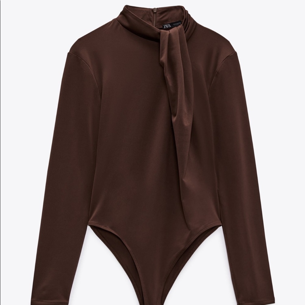 NWT 🤎 Zara brown bodysuit pleated high collar long sleeve